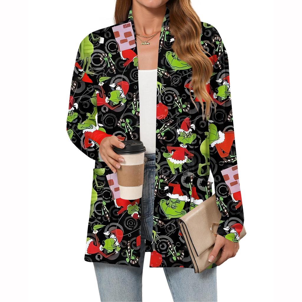Women's Christmas Printed Lightweight Cardigan Long Sleeved Casual Loose Thin Fit With Pockets Cardigan Jacket