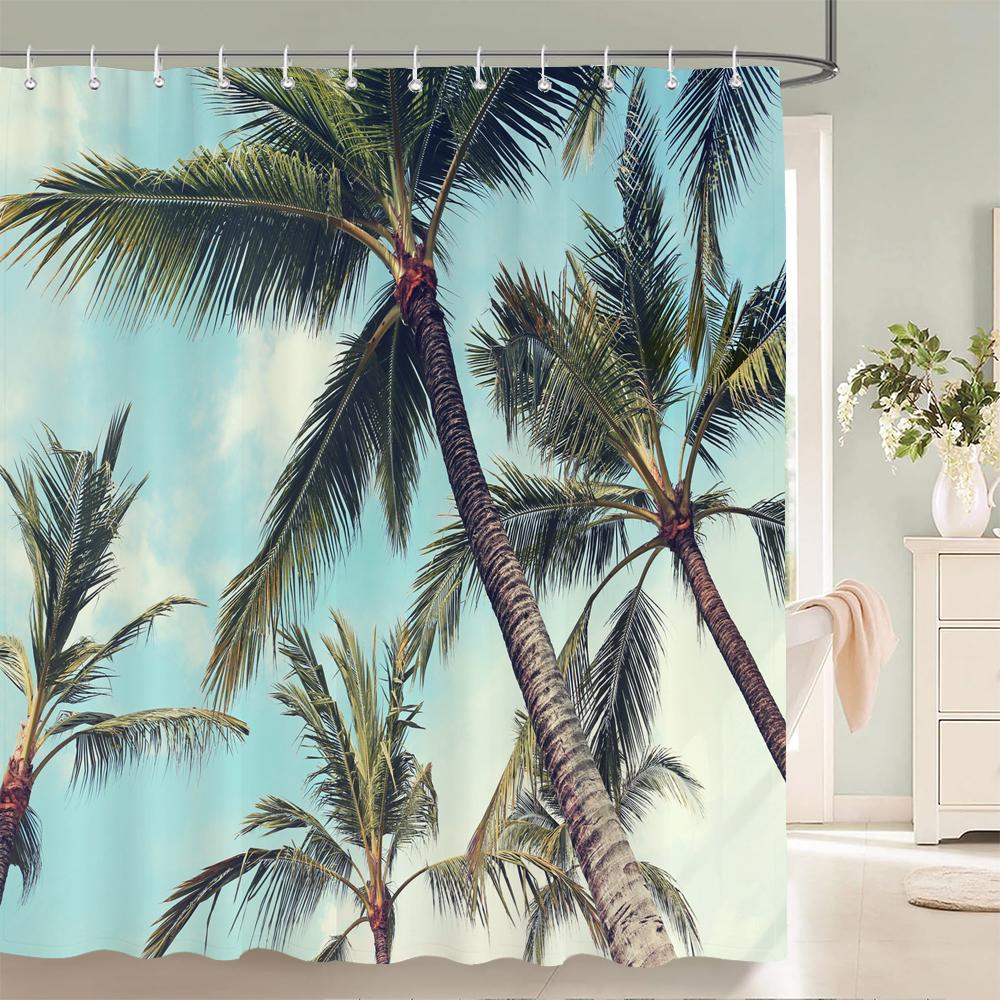 High Quality Sunny Beach Printed Fabric Shower Curtains Sea Scenery Bath Screen Waterproof Products Bathroom Decor with 12 Hooks