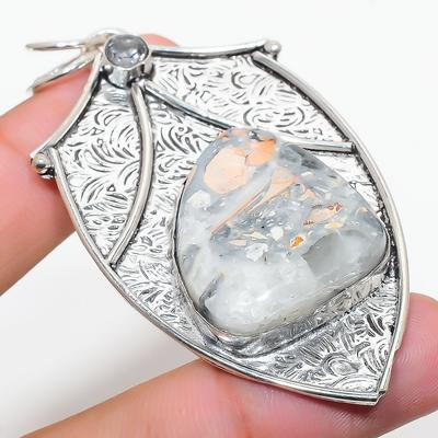 Natural Maligano Jasper, White Topaz 925 Sterling Silver Pendant 2.76" Z4G91