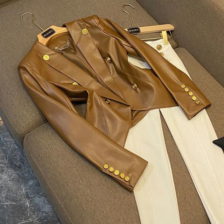 

Women Slim Fit PU Leather Jacket Autumn Business Button Suit Blazer XXS
