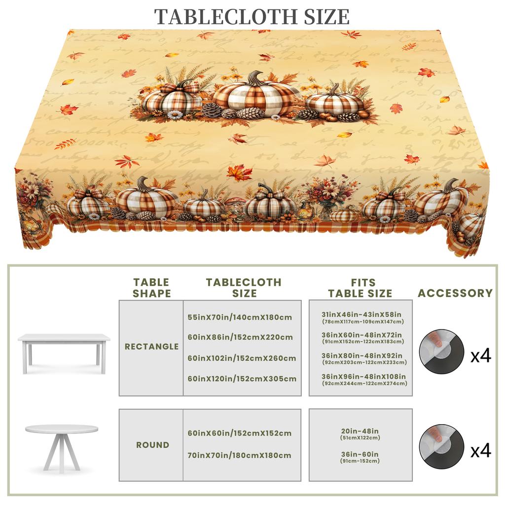 1 Piece Thanksgiving Round And Rectangular Tablecloth, Various Sizes, Autum Pumpkin Wheat Ear Orange Plaid Tablecloth, Table Cover For Home Kitchen, T