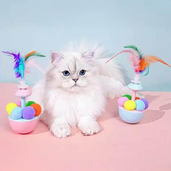 Wobbling Cat Toy Interactive Cat Teaser with Feathers Plush Balls Cat Enrichment Toy for Indoor Kittens Stimulates Hunting Instinct