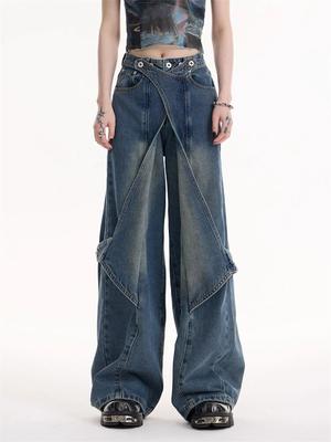 Pantalones vaqueros de diseño de cintura alta Vintage americano para mujer, pantalones sueltos informales de retales a la moda para mujer, pantalones vaqueros irregulares Harajuku de calle alta