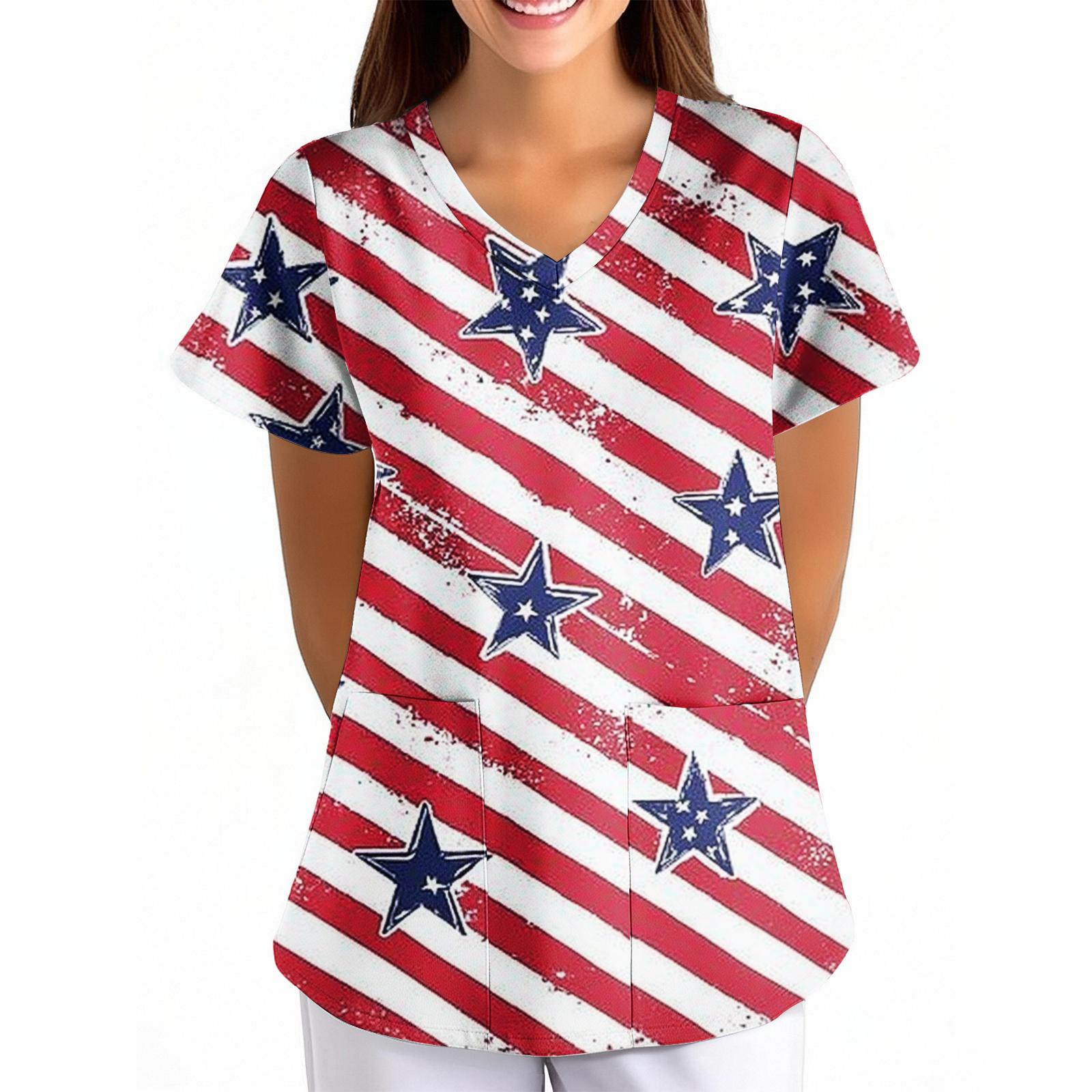 Women s Independence Day Printed Loose V-Neck Pocket Short-Sleeved Clothing M
