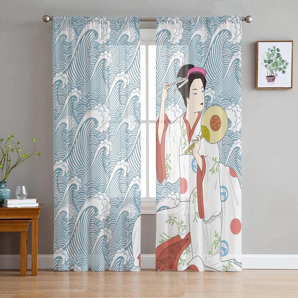 Japanese Geisha Tulle Curtains For Living Room Bedroom Decor Chiffon Sheer Voile Kitchen Window Curtain