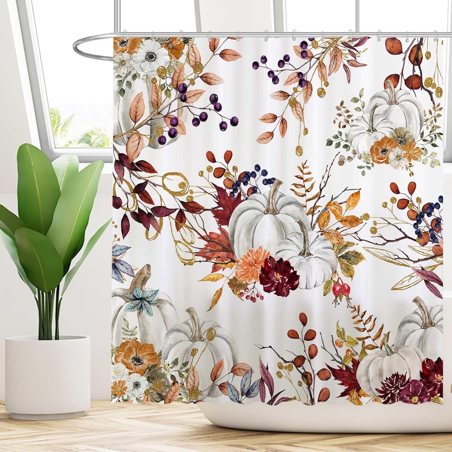 Funnytree 72 x72  Autumn Boho Pumpkins Watercolor Floral Leaves Rustic Fall Thanksgiving Harvest Farmhouse Shower Curtain for Bathroom Decor Machine