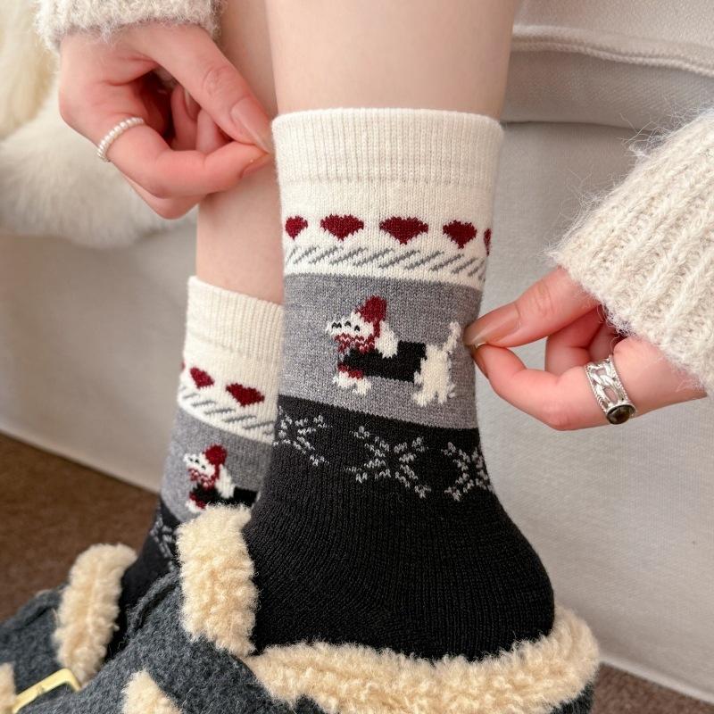 Cartoon Wool Socks Children'S Tube Socks Season Thickened Warm Flocking Retro Puppy Stockings