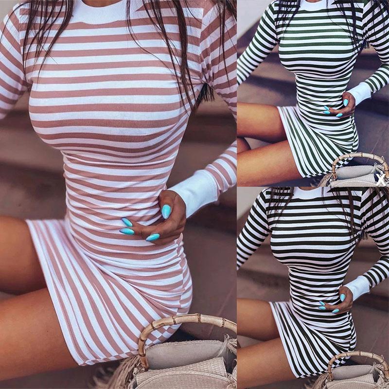 

Женская мода в полоску с длинным рукавом Bodycon Party Club Мини-платье