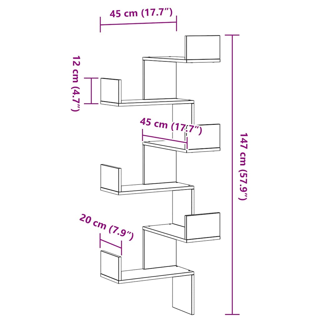 Wall Mounted Corner Shelf with Shelves Black Oak Look 45 x 45 x 147 cm