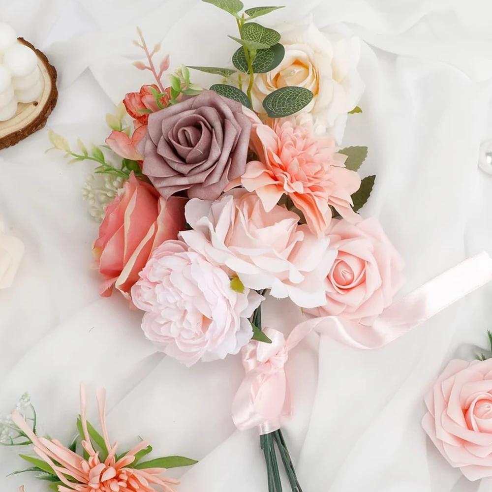 Pink rose artificial flower combination box set, bride bouquet, outdoor/indoor DIY center piece, flowers for decoration