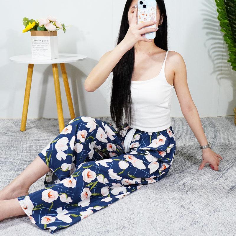 Women's Summer Cotton Silk Nine-Point Wide-Leg Pajama Pants - Plus Size, Loose, Breathable, Cooling, Ideal for Beach and Air Conditioning Comfort