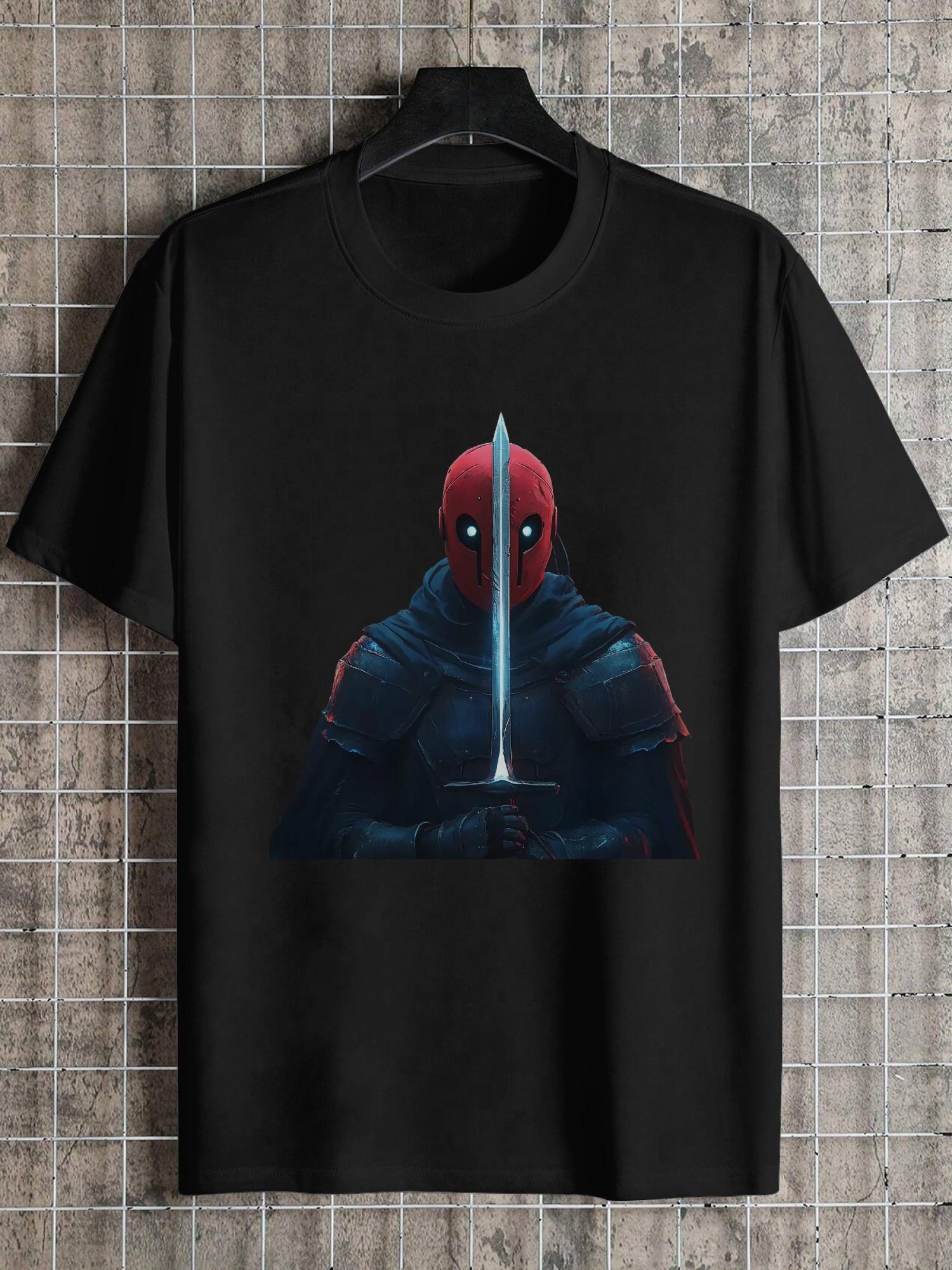 1pc Medieval Warrior Graphic Black T-shirt - 180g Cotton Crew Neck Short Sleeve S