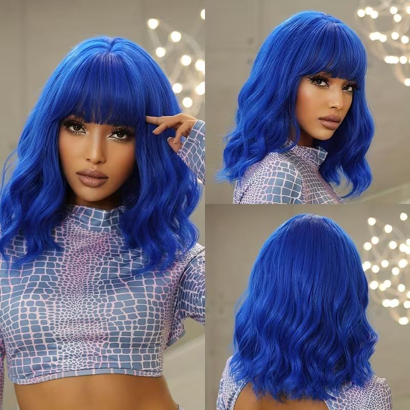 Bob Wig With Bangs 12 Inch Short Wavy Bob Wig Synthetic Blue Orange Pink Yellow Purple Red Wigs For Women Cosplay Halloween Daily Use