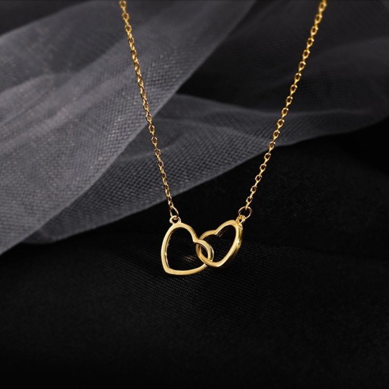 Interlocking Double Heart Necklace for Women, Dainty Love Heart Pendant Chain Necklace, Minimalist Gold Silver Heart Jewelry Gift for Valentines Day