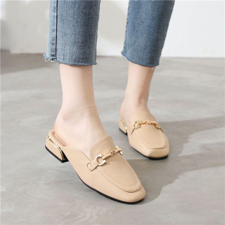 Fashion Black Job Low Heel Outside Leather Mules Nude Color Women's Slippers and Ladies Sandals Slides Shoes Small Size On Offer Trend F