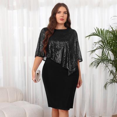 Women's Sleeveless Cape Dress with Sequin Overlay Oversized Sequin Bodycon Pencil Dress Ladies Evening Midi Dress