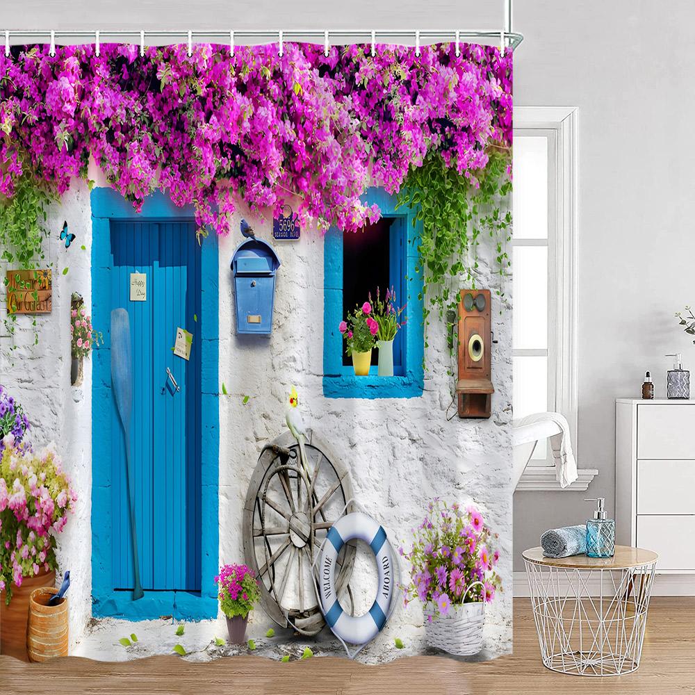 Greek Town Shower Curtain Greek Street View Sea View Blue Door Greece Scenery Bathroom Curtain Flower Plant Bath Decor with Hook