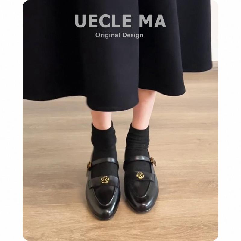 Sheepskin version~ Genuine leather retro camellia Mary Jane women's shoes spring and autumn small leather shoes thick heel single shoes