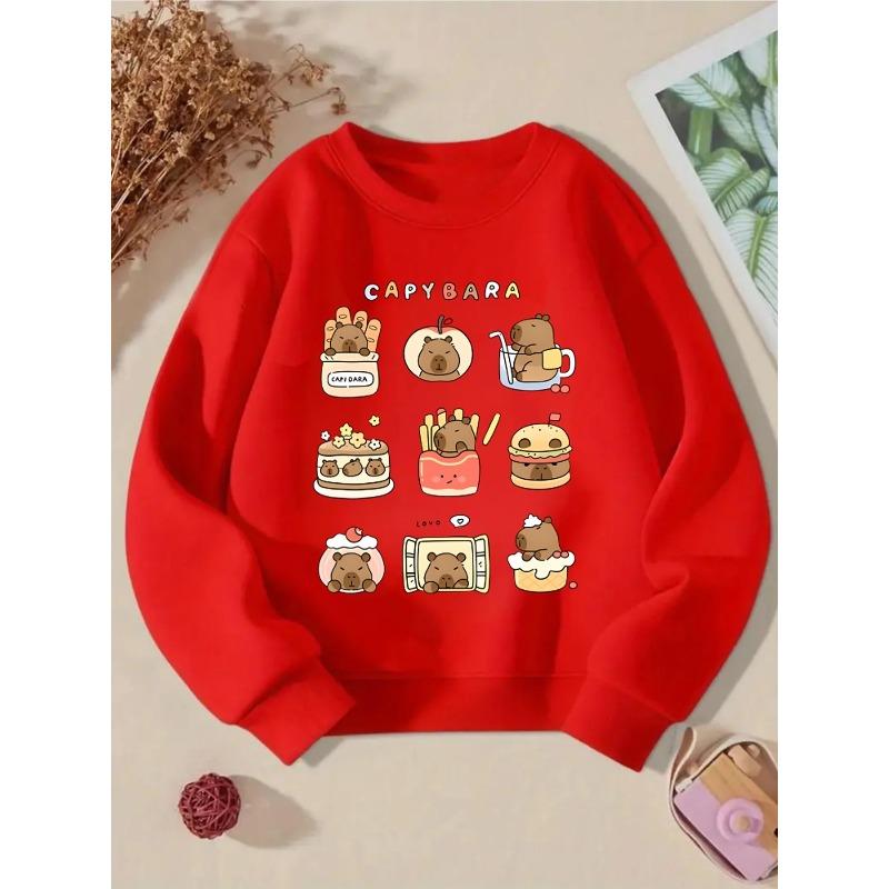 Crewneck Sweatshirt for Girls Featuring an Adorable Capybara Food Design, Suitable for Machine Washing