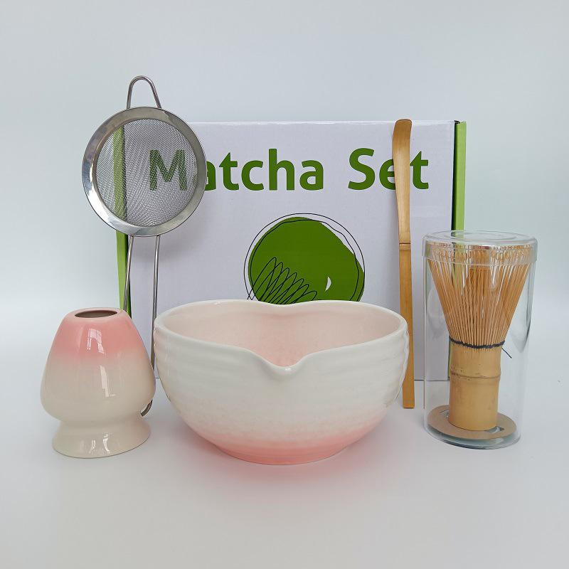 Japanese Ceramic Matcha Tool Set: Spout Bowl & Hundred-Bristle Whisk for Tea Ceremony