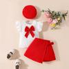 2025 Summer Toddler Girl Big Bow Beret & Sleeveless Top with Tie-Up Skirt Set