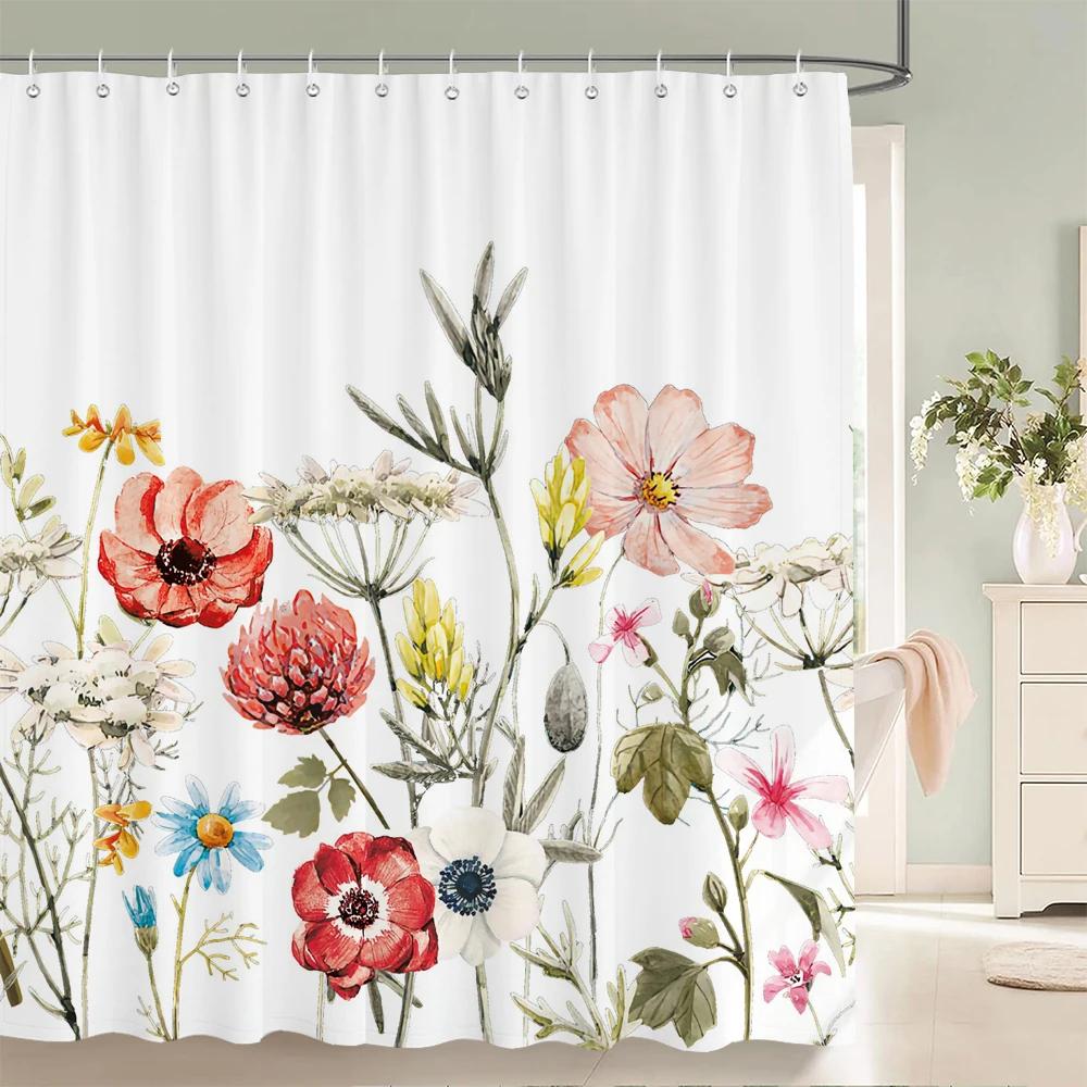 3D Printed Fabric Shower Curtains Fresh Flowers Plant Bath Screens Waterproof Bathroom Decor with 12 Hooks Shower Curtain