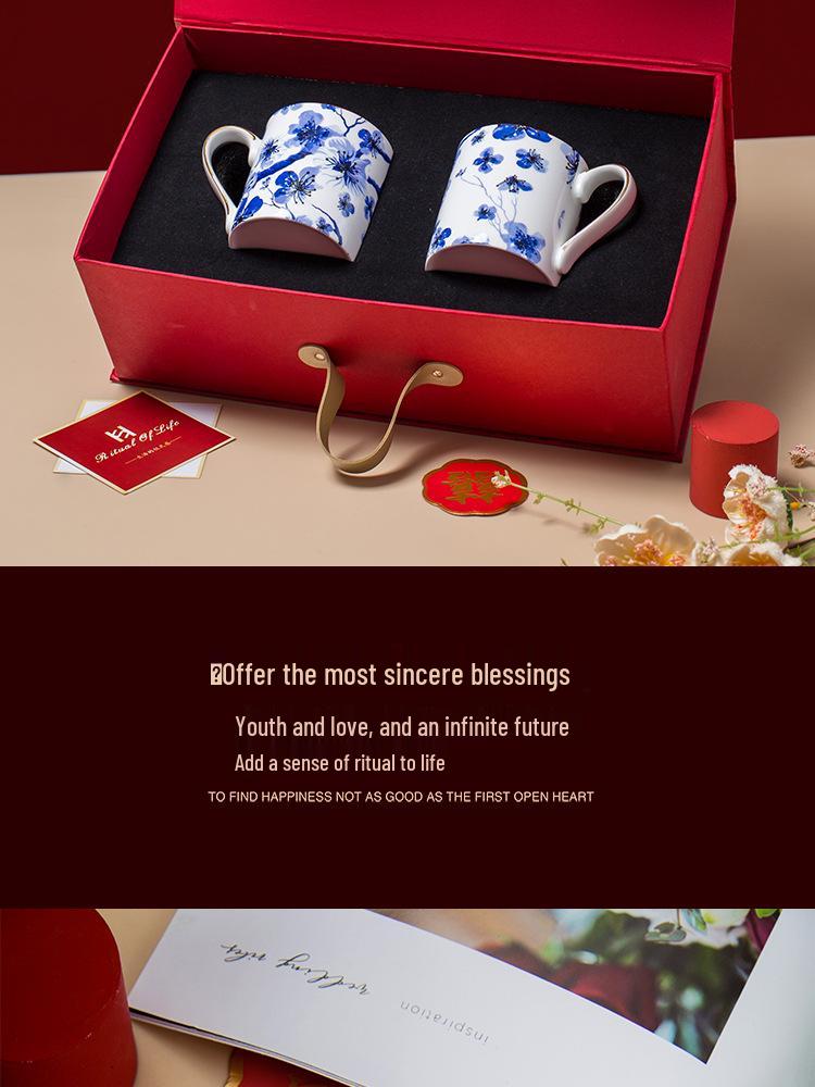 Modro-bílý kostní porcelánový pozlacený šálek na kávu a čaj s podšálkem - Retro design