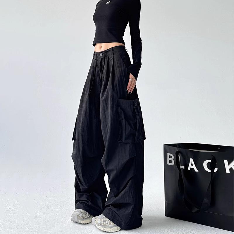 

Женские американские ретро парашютные штаны 2025: Унисекс, Свободный крой, Высокая посадка, Широкие штанины, Быстросохнущий стиль карго для осени S чёрный