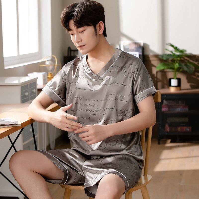 

Тонкий мужской костюм с коротким рукавом и шортами из ледяного шелка, корейская версия, свободный, больших размеров, домашняя одежда с надписями 2XL