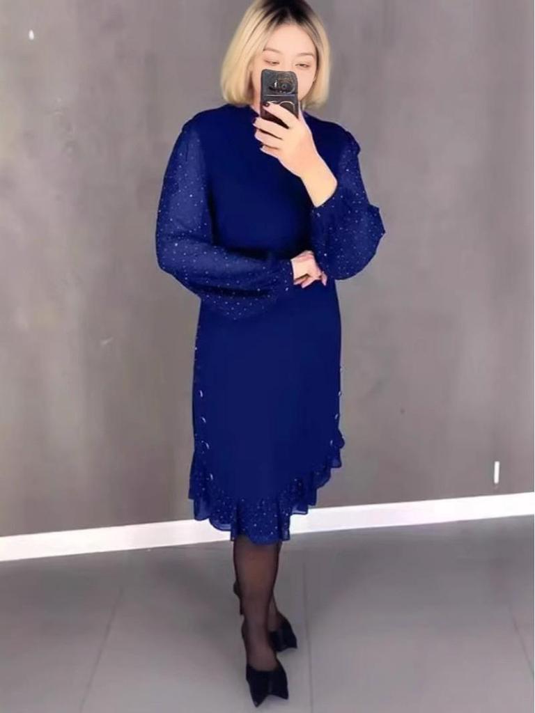 Cross2026 Autumn-Winter European & American Lace Patchwork Hot Drilling Round Neck Dress for Women