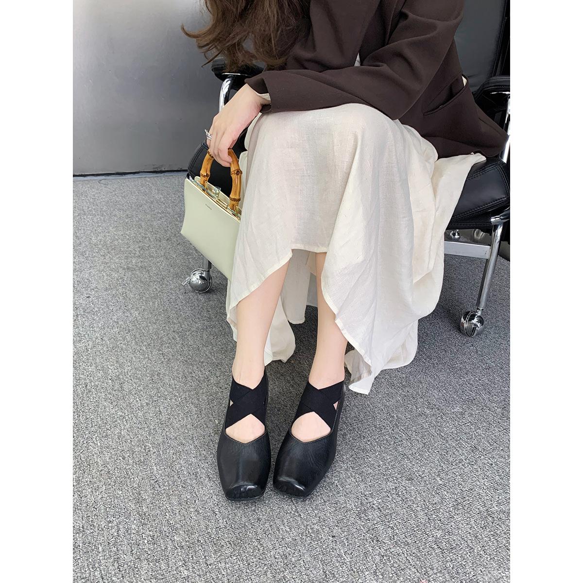 

[Su Yinyin of the same style] Upgraded version~ Pig nose horse leather cross strap thick heel Mary Jane ballet shoes women s single shoes 34