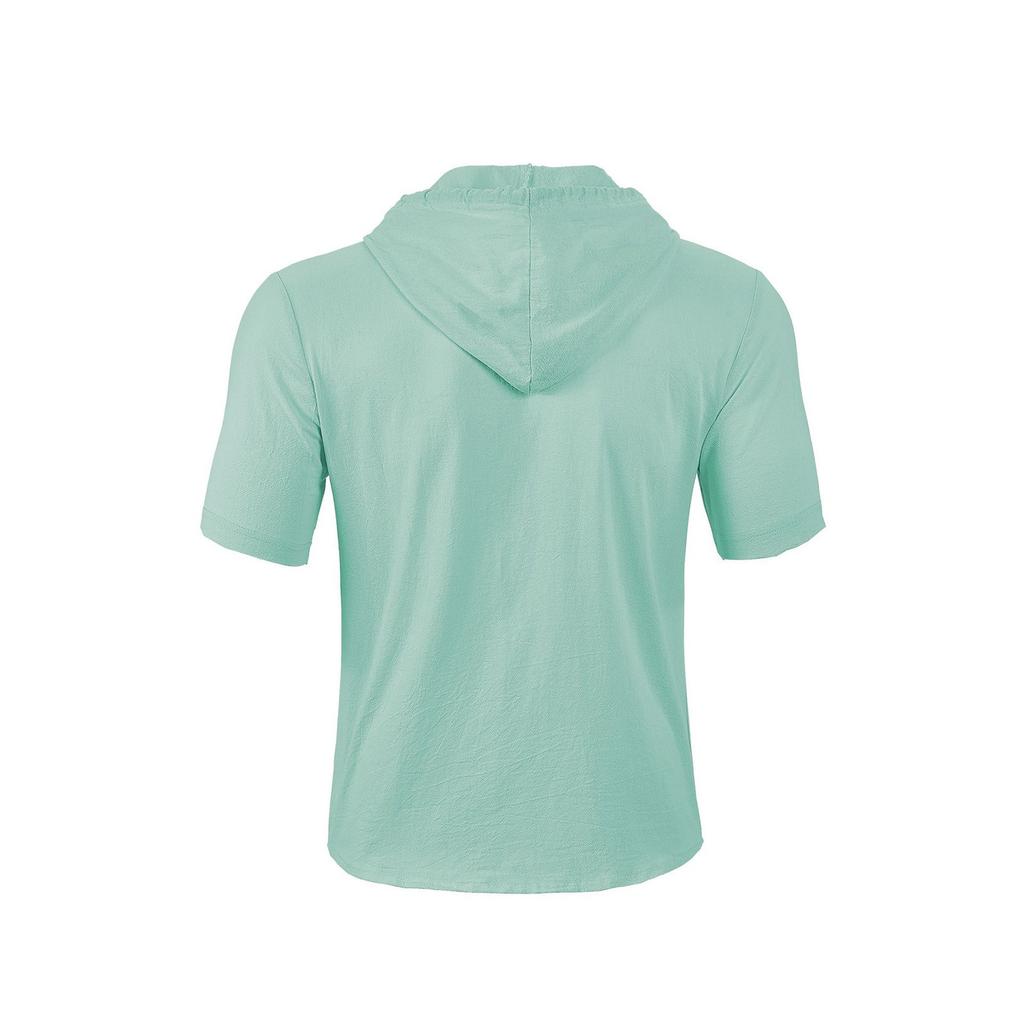 Men's Solid Color Cotton And Linen Short-sleeved Shirt Cardigan Loose Hooded Top