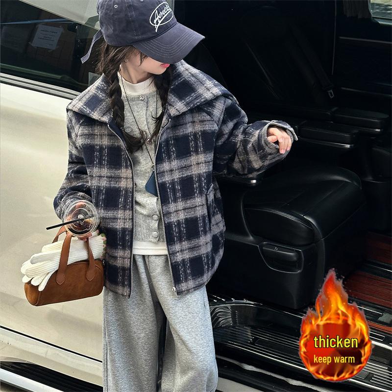 

Шерстяное пальто в клетку в корейском стиле для девочек, осень/зима 2025 150cm