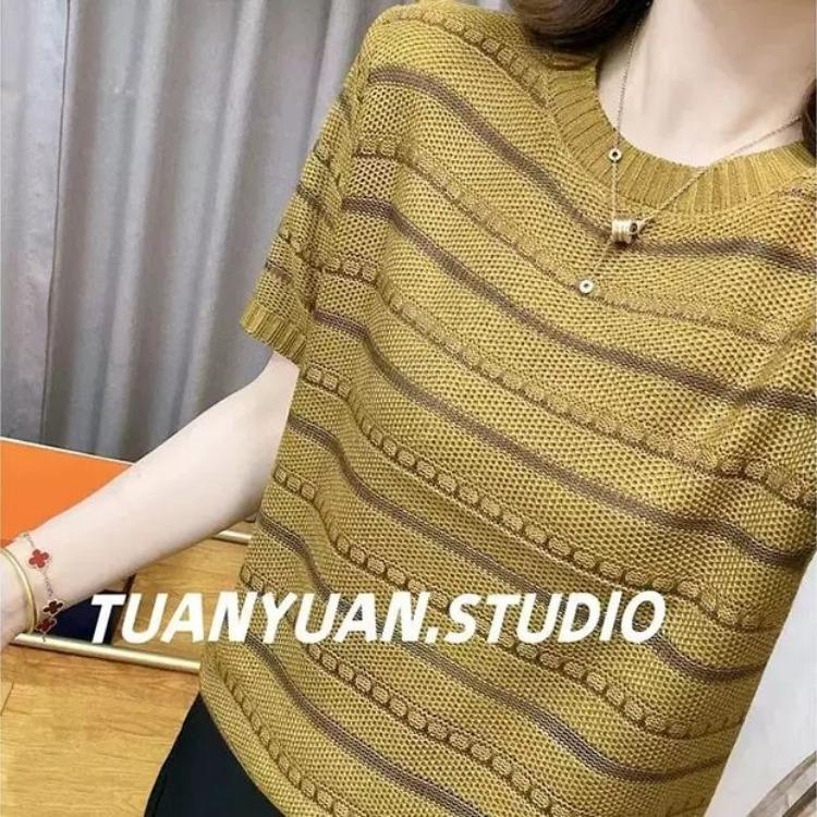 Striped Short Sleeved T-shirt Knitted Sweater Summer Contrasting Retro Loose Versatile Top for Women