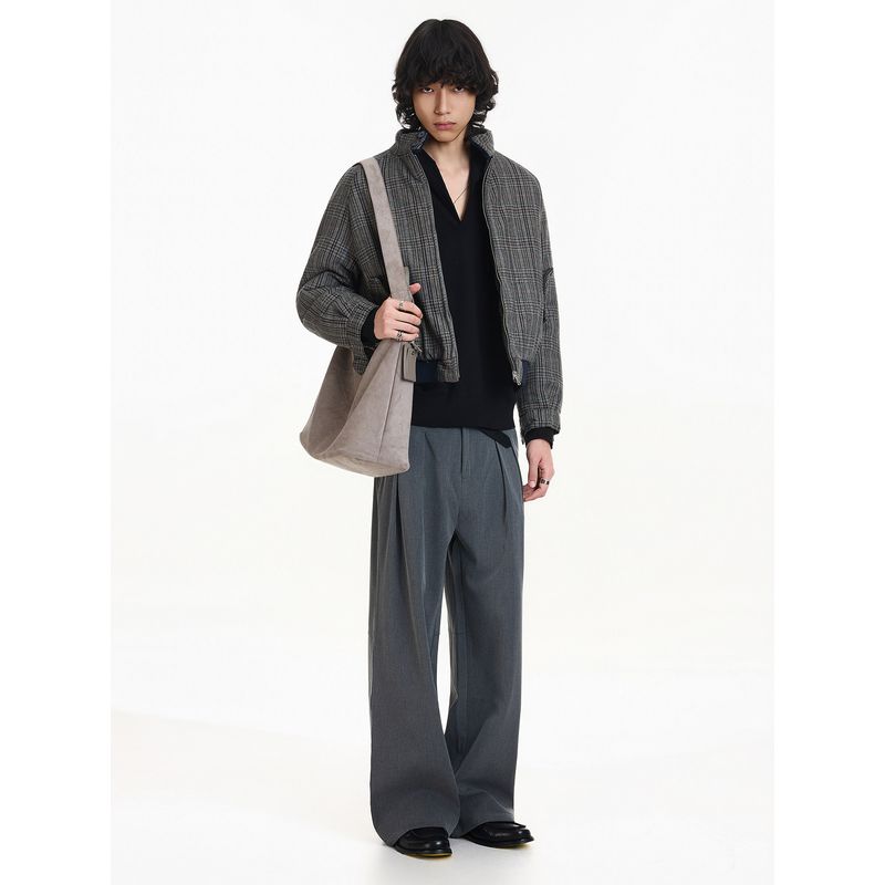 Blaexit Old Money Style Houndstooth Harrington Wool Jacket Men's Thickened Autumn and Winter Short Cotton Coat