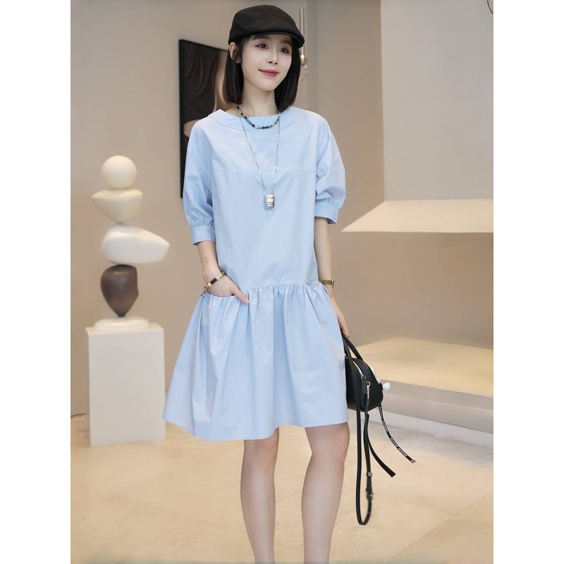 

French style Gentle Style Fashion Younger Short sleeve Dress Women Summer Loose Casual Slimming Mid-Length Shirt Dress