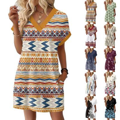 Women's Fashionable Floral Print V-neck Short Sleeved Pocket Casual Pullover Dress