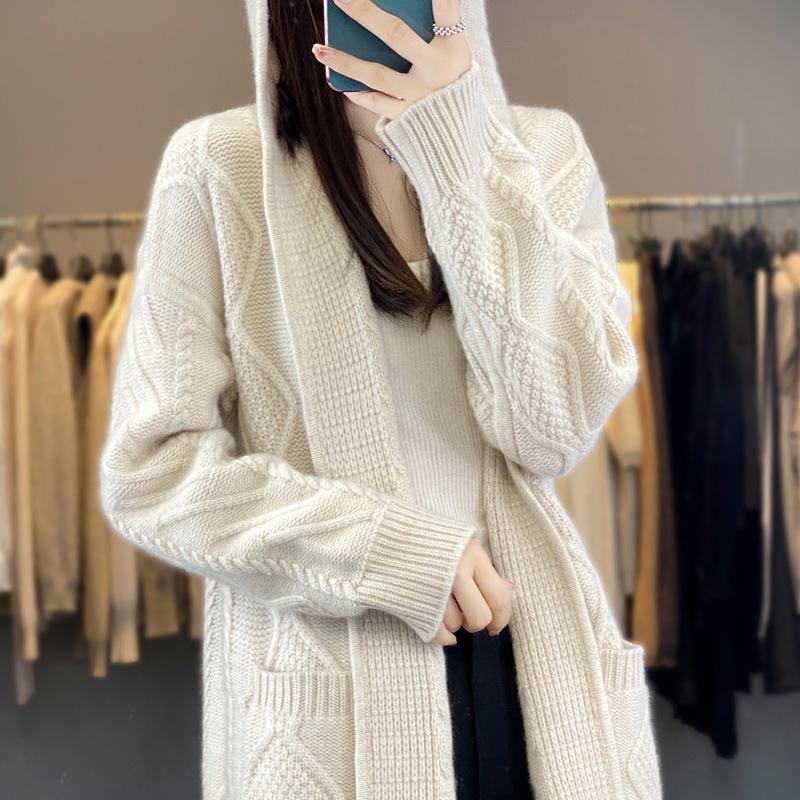 Women's Thick Hooded Mid-Length Knit Coat & Over-the-Knee Sweater Cardigan