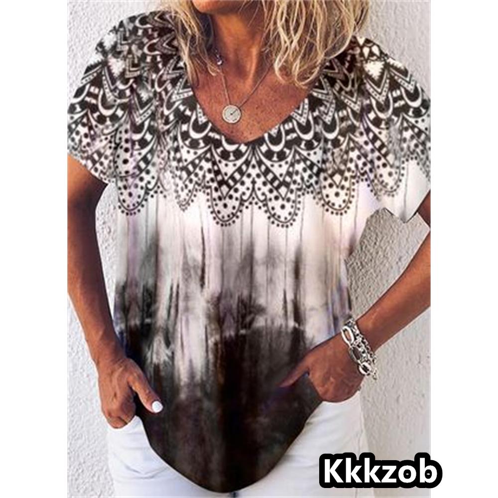 

2025 Women s 3D Print Painting T Shirt Casual Loose Colorblock Print V Neck Basic Top Shirt Pullover Female Clothing New Summer XL