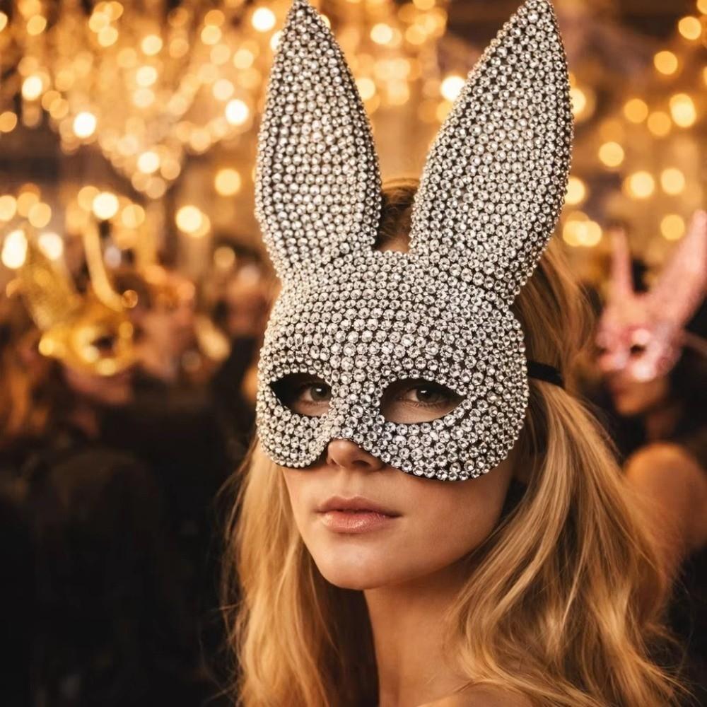 Crystal Studded Rabbit Ear Mask Full Acrylic Rhinestone Rhinestone Face Mask Party and Cosplay