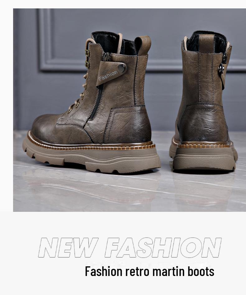 Men's Genuine Leather Mid-Cut Martin Boots - Trendy, All-Match, High-Top with Velvet Lining for Autumn and Winter