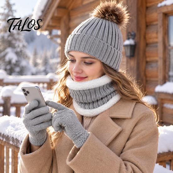Stylish Winter Outfit Accessories Hat Neck Warmer Gloves Set, Knitted Beanies with Pompom, Touch Thermal Fleece Lined Screen Gloves, Knit for