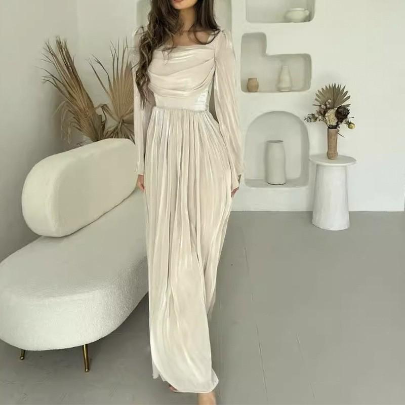 2025 Spring European & American Women's Square Neck Ruffled Slim High-Waist Dress