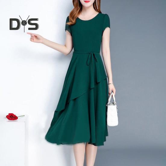 Lady Summer Dress A-line Patchwork Midi Dress O Neck Short Sleeves Lace-up Waist Solid Color Dress for Dating Parties Commuting