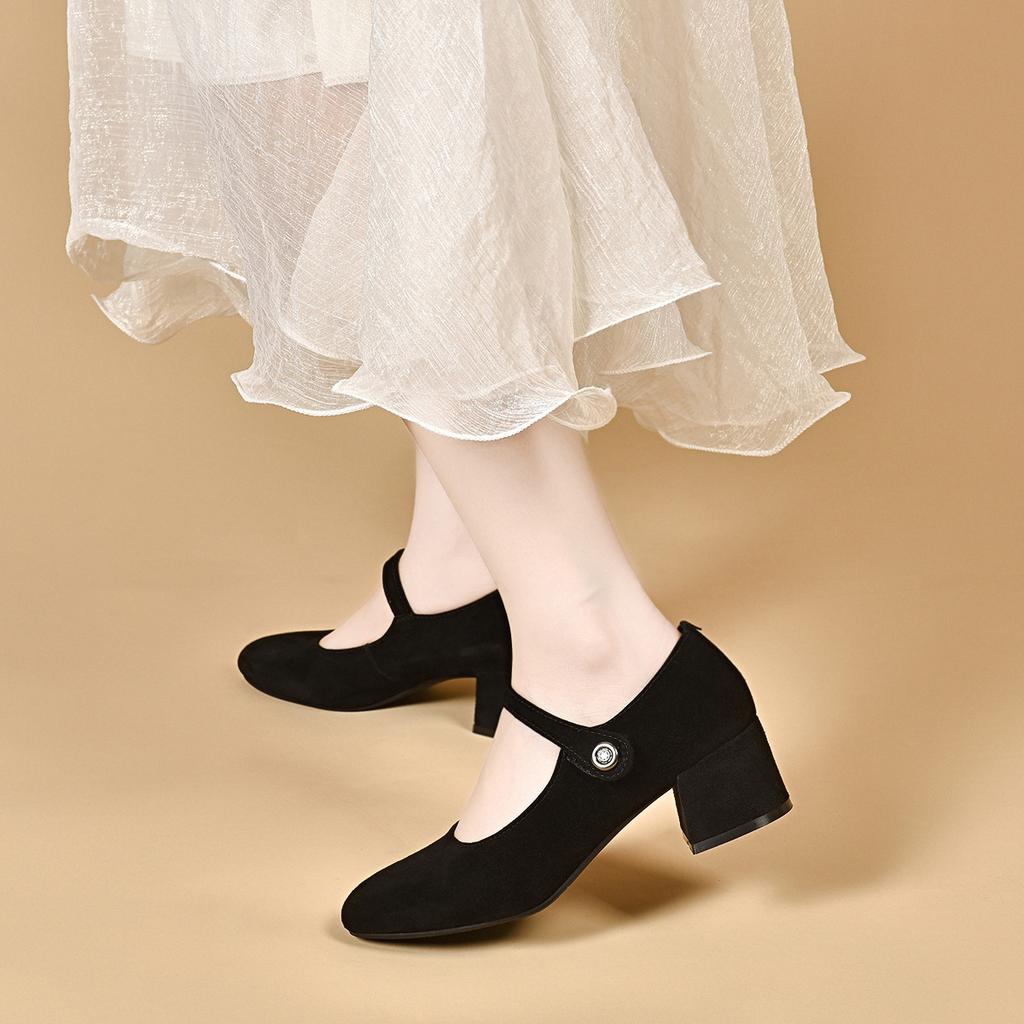 Mary Jane Schuhe Damen Herbst Schnalle Dicke Ferse Leichte Öffnung Kleine Einzelne Schuhe Schwarz Runde Spitze Puppenschuhe High Heels