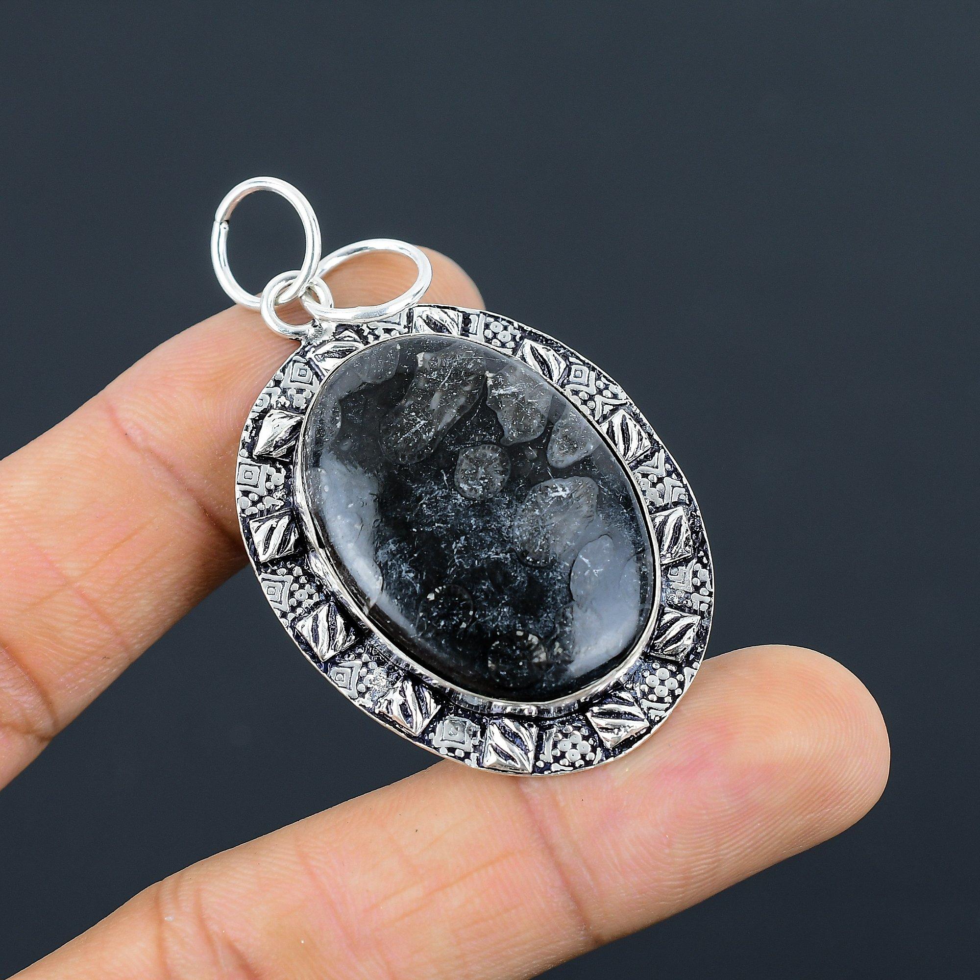 

Oval Black Fossil Coral Gemstone 925 Silver Trendy Sister Anniversary Pendant