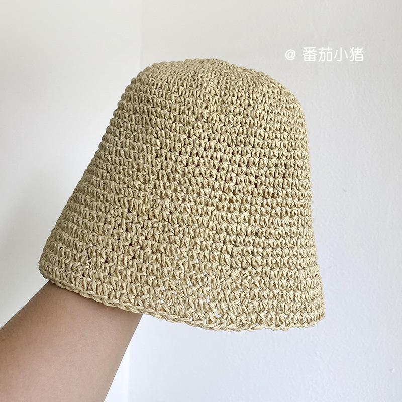 Handmade bucket straw hat women's woven versatile basin hat summer sunshade sunscreen bucket hat foldable sun hat