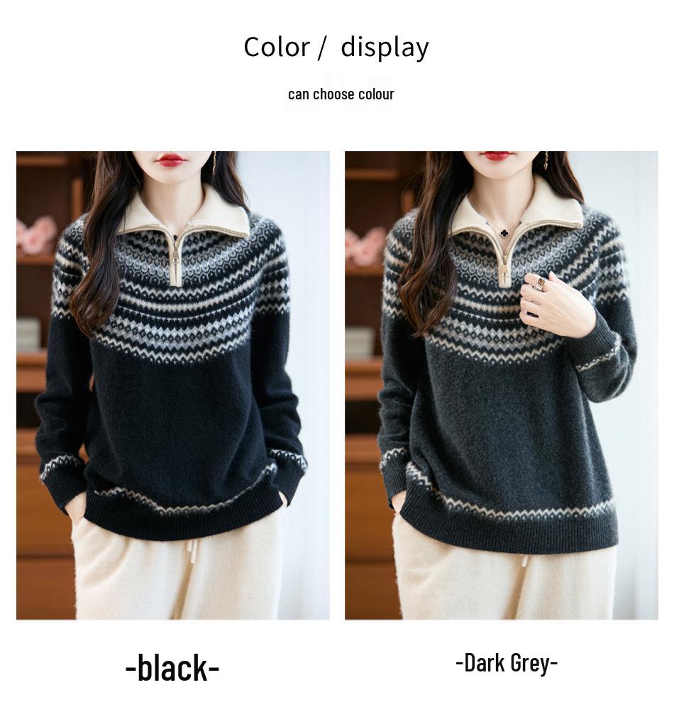 Women's Fair Isle Jacquard Wool Sweater - Stand Collar, Half-Zip, Thickened Autumn/Winter Pullover.