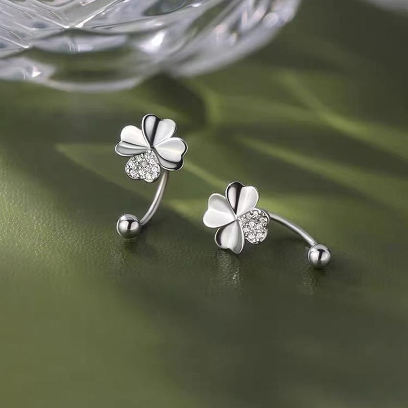 Real 925 Sterling Silver Zircon Clover Bead Screw Plant Stud Earrings For Women Classic Fine Jewelry Light Luxury Accessories