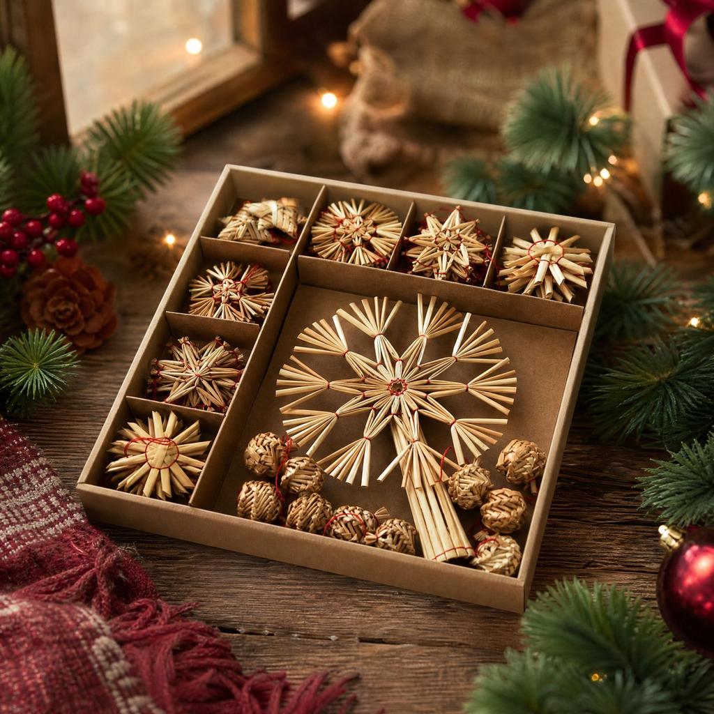 Straw Christmas Decoration Hanging Ornament Set for Holiday Tree and Home Decor